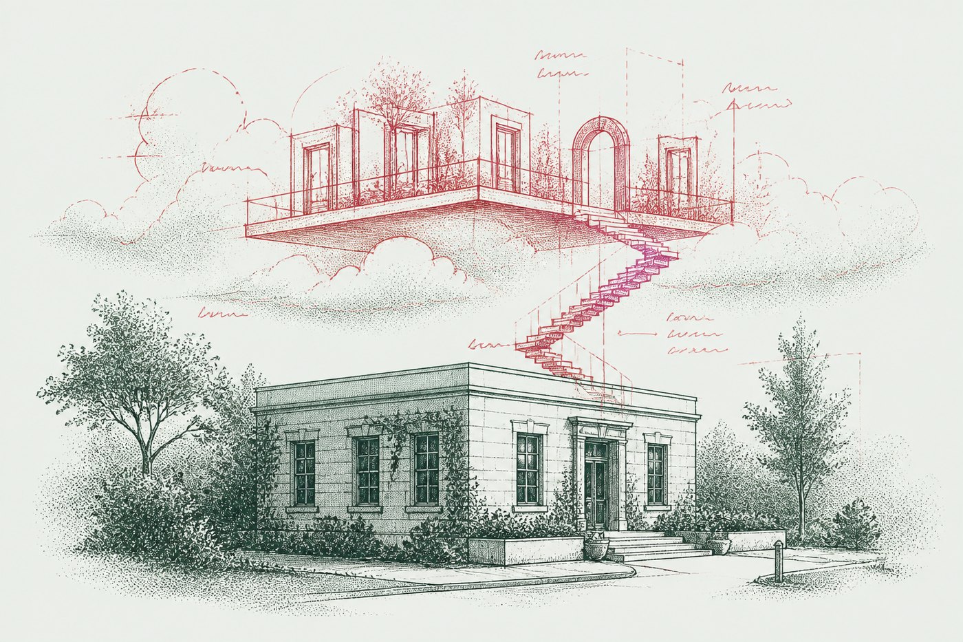 Ink illustration: a modest stone office building, with a far larger pavilion sketched in red on the clouds above it and a red staircase climbing from one to the other.