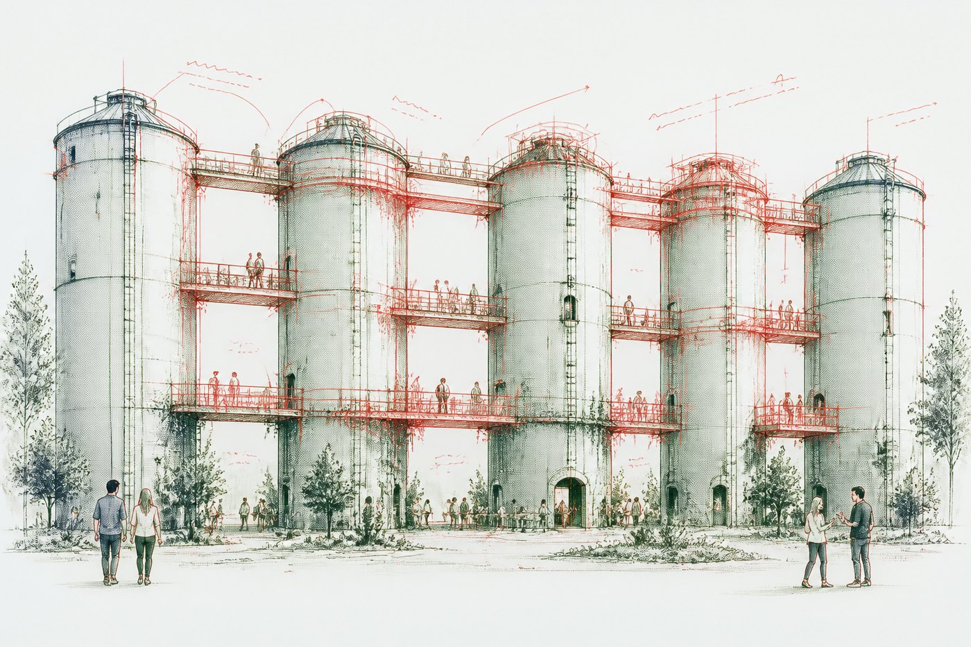 Ink illustration: a row of separate grey storage silos, joined at every level by red walkways and gantries with people crossing between them.