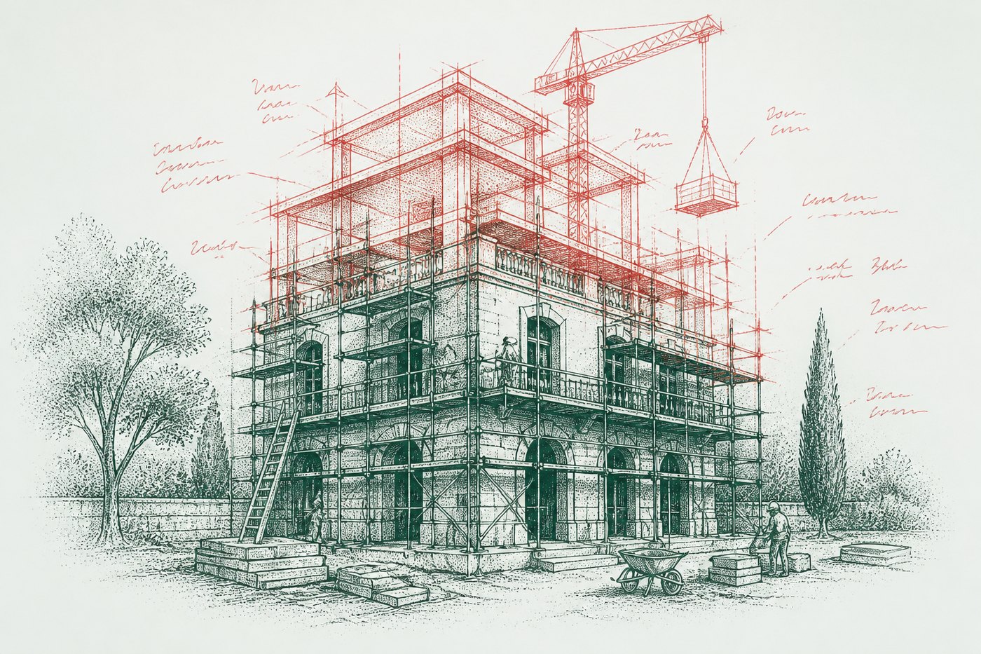 Ink illustration: a stone building under scaffolding, with a further storey, crane and scaffold drawn over it in red as the next stage of construction.