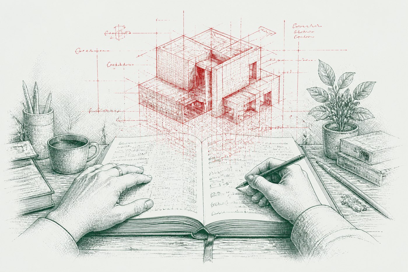 Ink illustration: two hands resting on an open ledger at a desk, a red cutaway drawing of a building rising out of the pages between them.