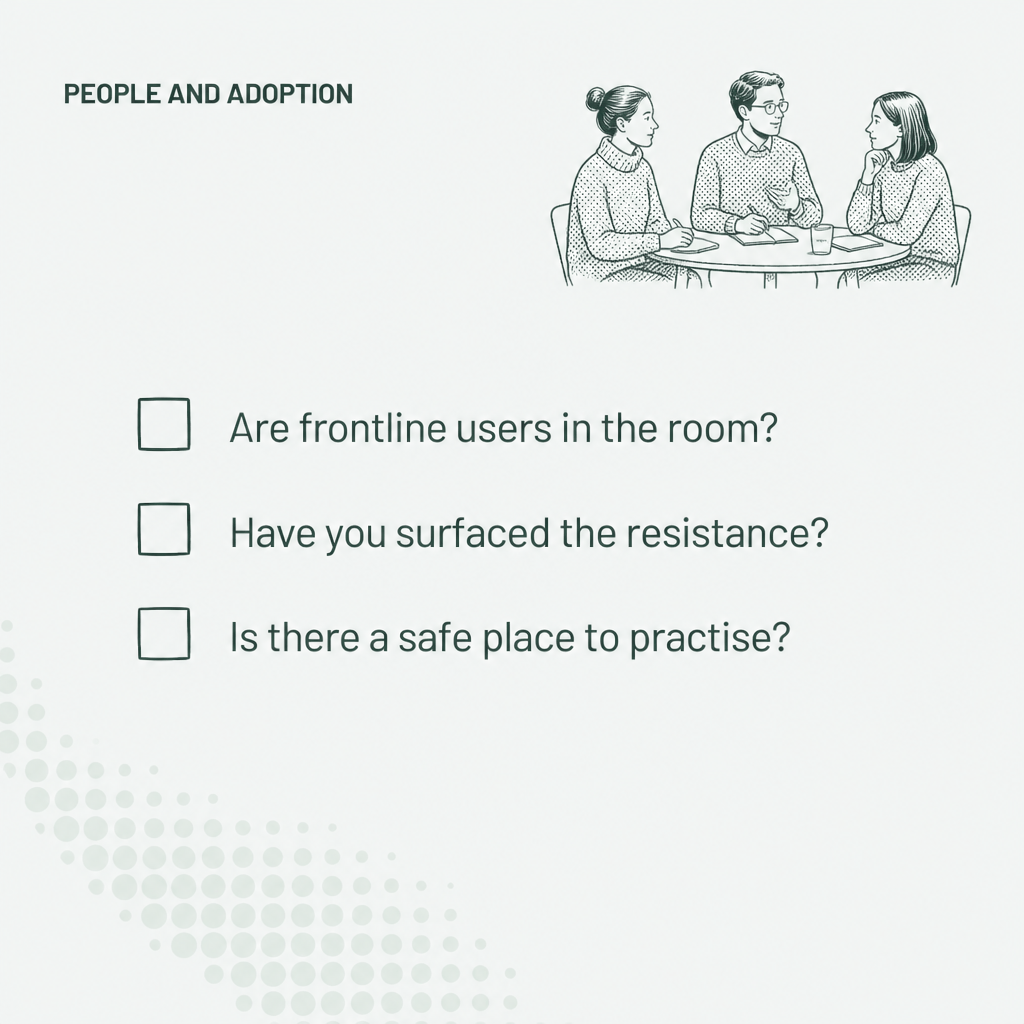People and adoption checklist: frontline users in the room, resistance surfaced, a safe place to practise