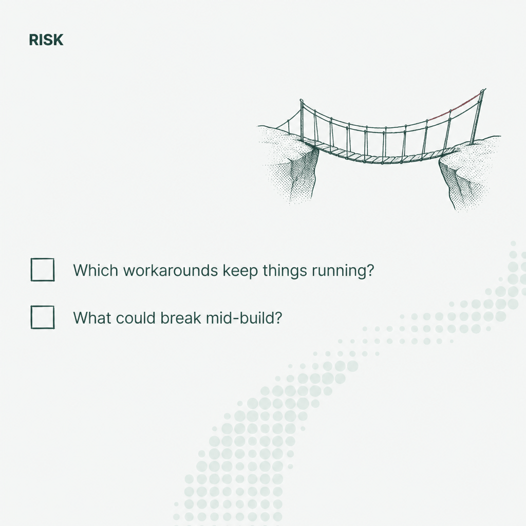 Risk checklist: which workarounds keep things running, what could break mid-build