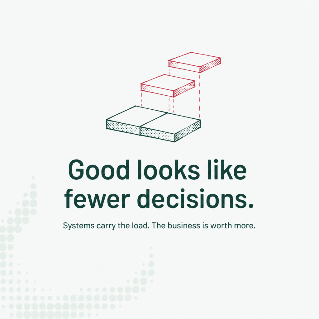 Good looks like fewer decisions — systems carry the load, and the business is worth more.