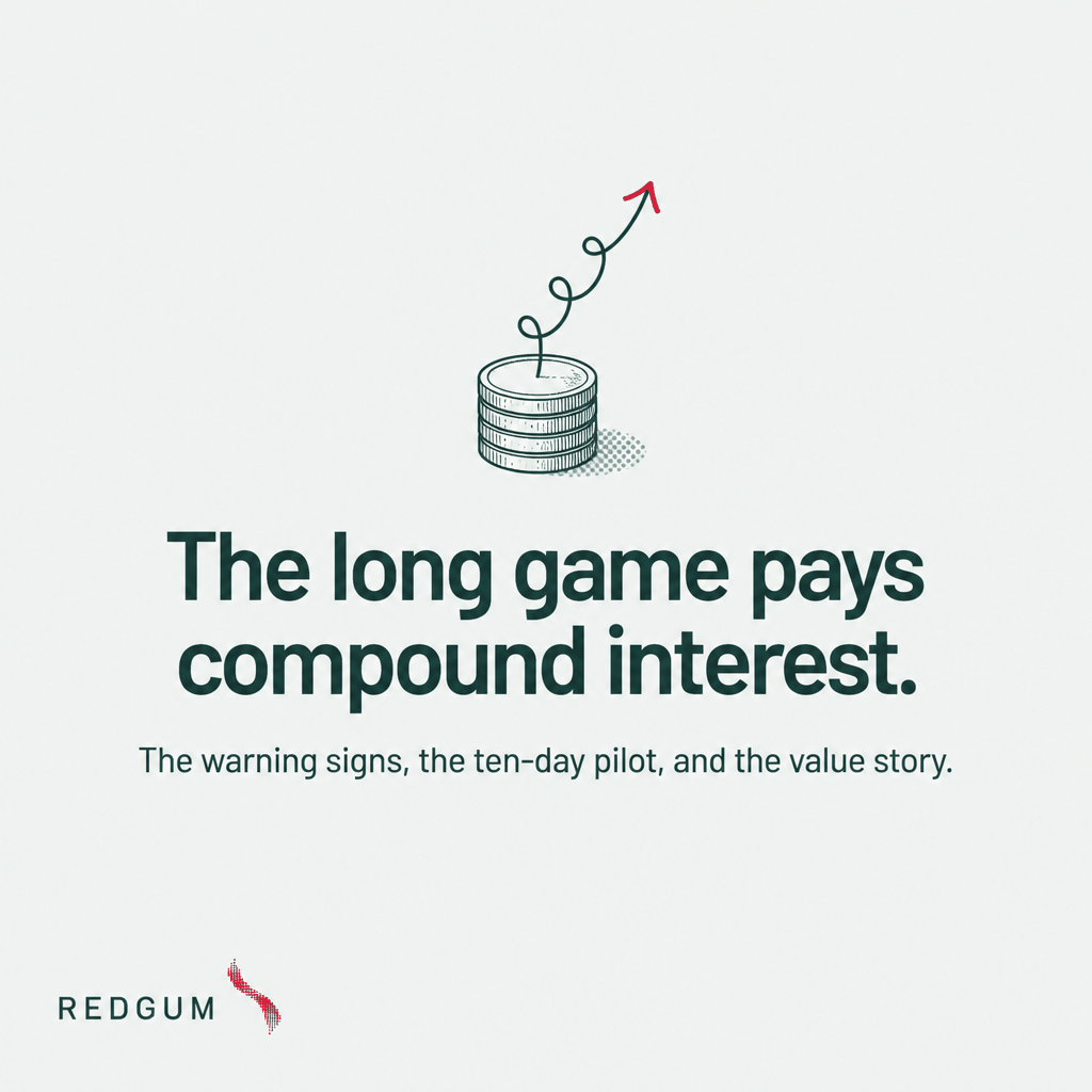 The long game pays compound interest — the warning signs, the ten-day pilot, and the value story.
