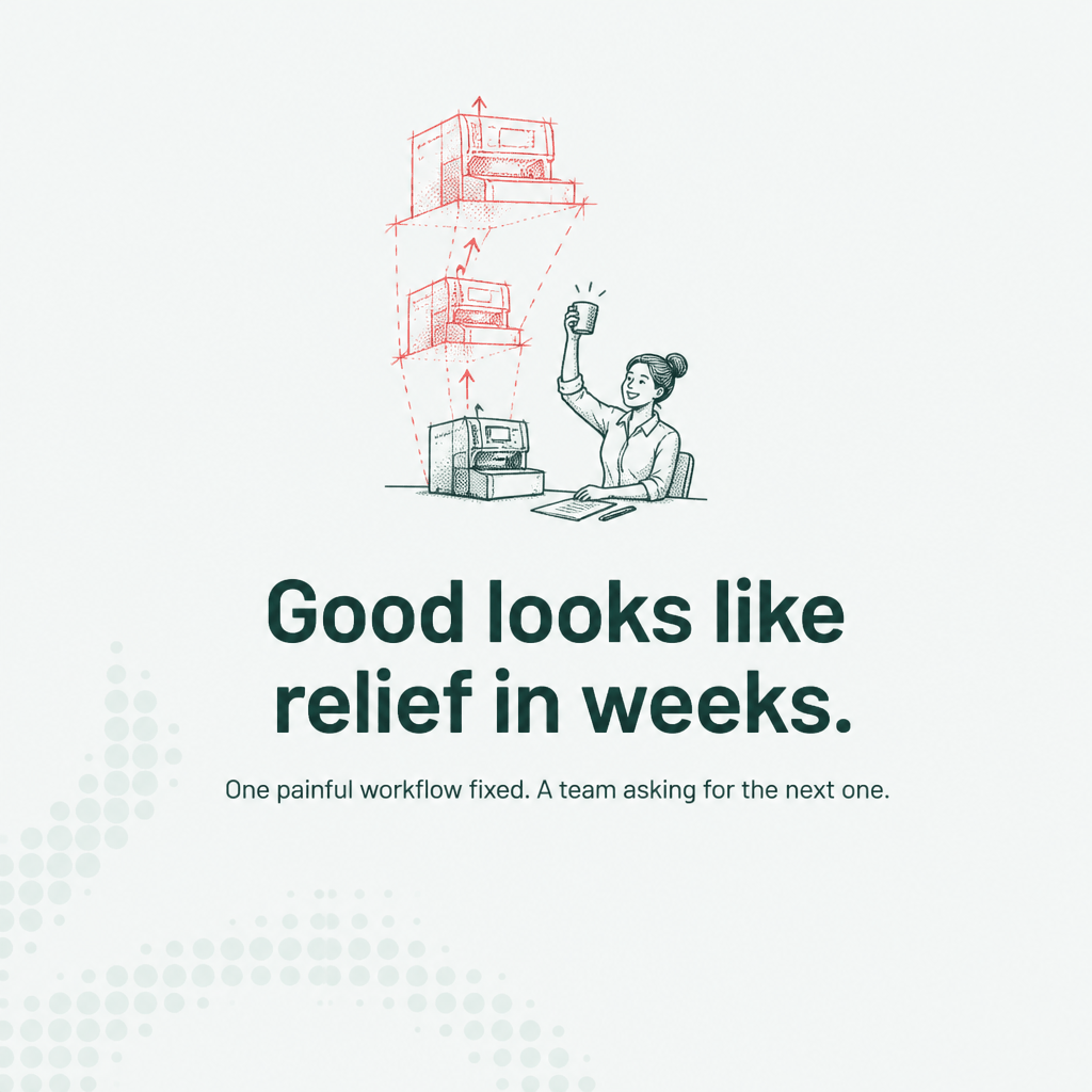 Good looks like relief in weeks — one painful workflow fixed, a team asking for the next one.