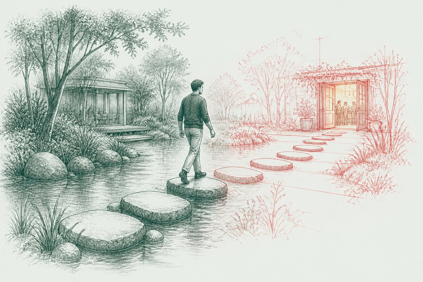 Ink illustration: a man crossing a stream on stepping stones, the remaining stones and the gateway on the far bank drawn in red ahead of him.