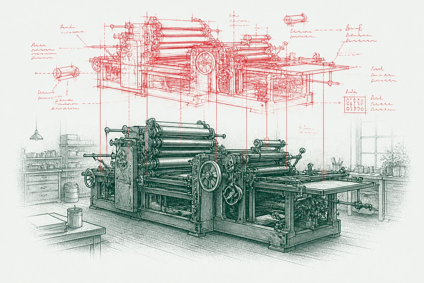 Ink illustration: an old printing press on a workshop floor, with an annotated red technical drawing of the same press floating above it.
