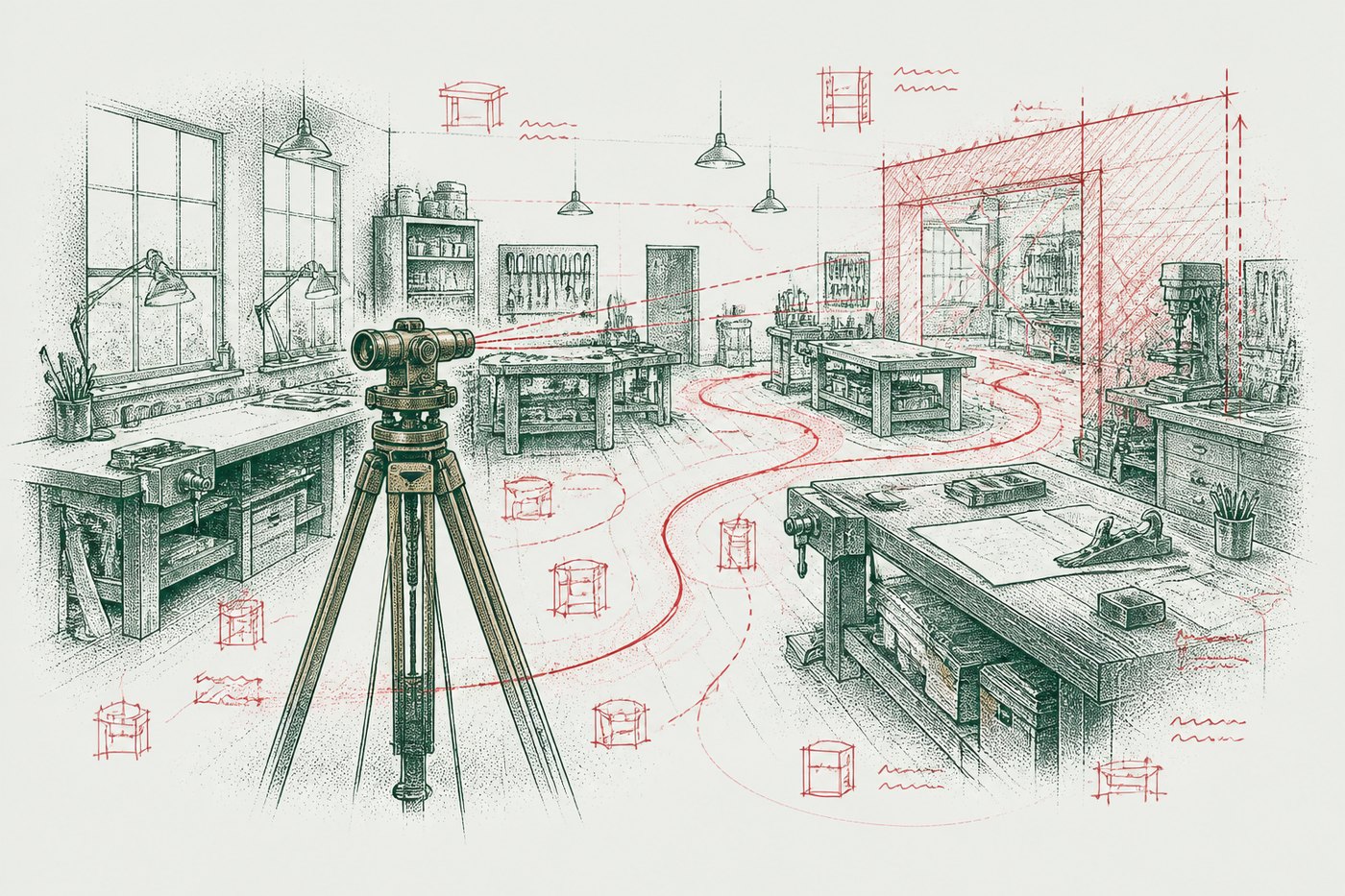 Ink illustration: a surveyor's level on a tripod in a workshop, a red route winding between the benches and red outlines marking where things will go.