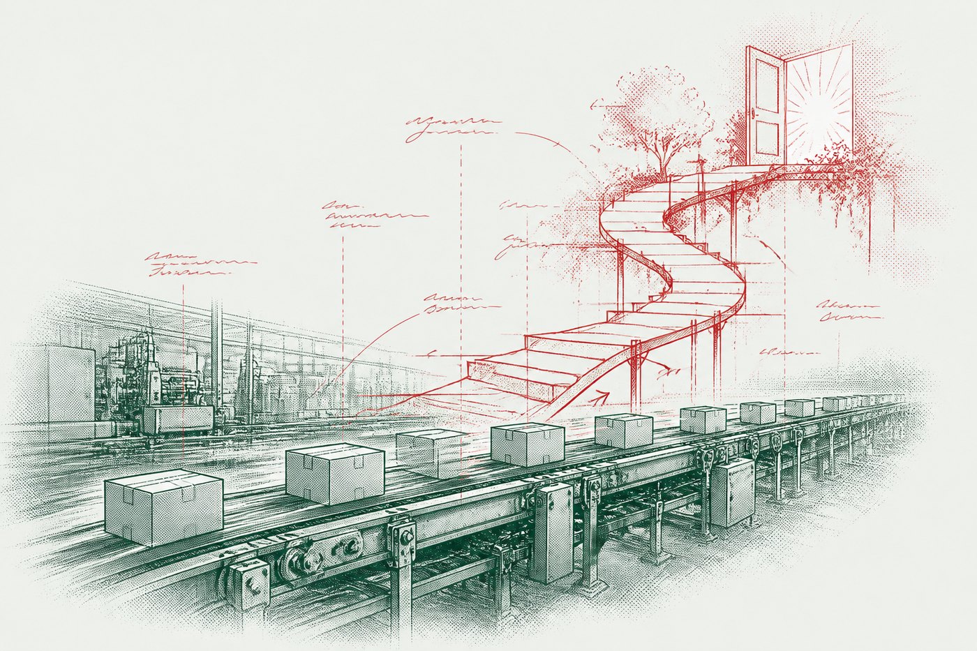 Ink illustration: a factory conveyor carrying identical boxes, with a red staircase curving up off the line towards an open door and a tree beyond.