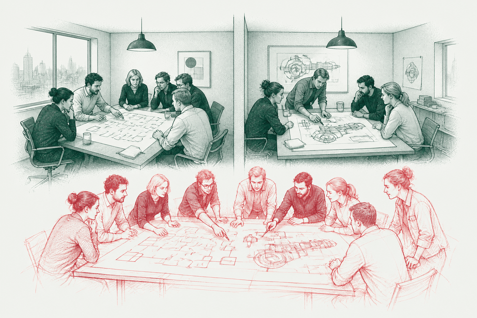 Ink illustration: two separate teams meeting in adjoining rooms above, and below in red the same people working together around one shared table.