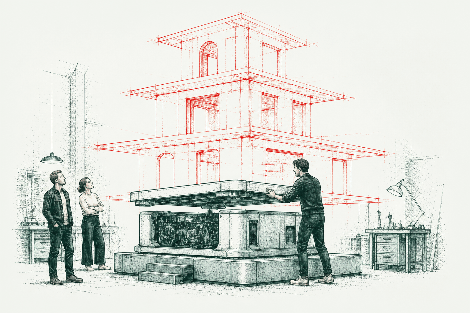 Ink illustration: a worker lifting the lid from a heavy grey press while two colleagues watch, a multi-storey red structure rising out of the opening.
