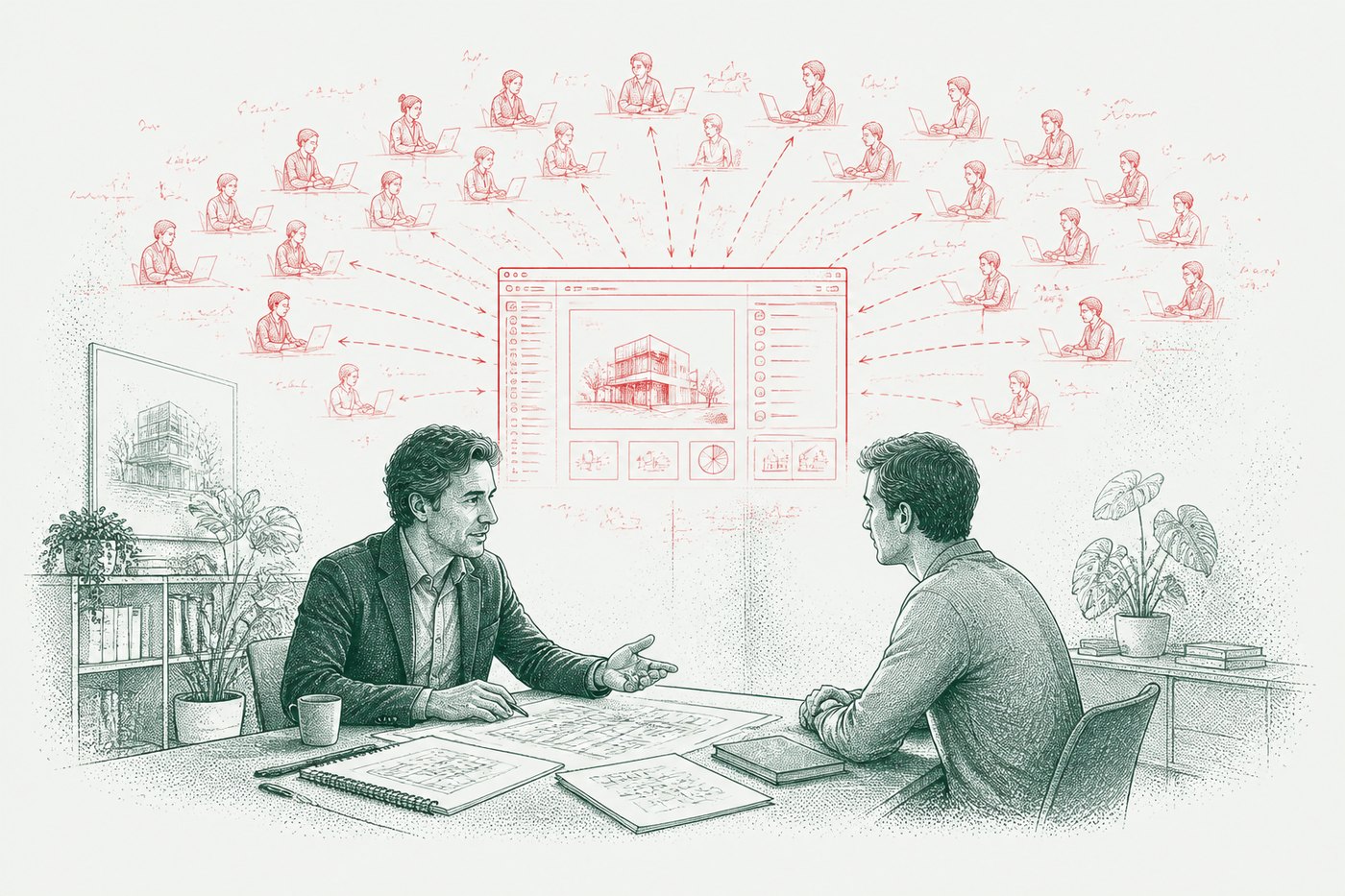 Ink illustration: two people talking across a desk, behind them a red screen and a red network fanning out to dozens of small repeated figures.