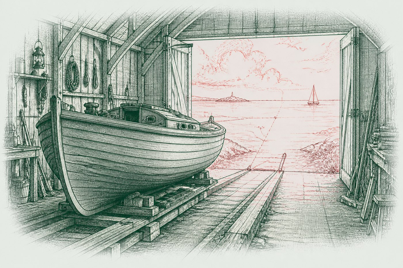 Ink illustration: a finished wooden boat still on its rails inside a boatshed, the open sea and a distant sail drawn in red through the doorway.