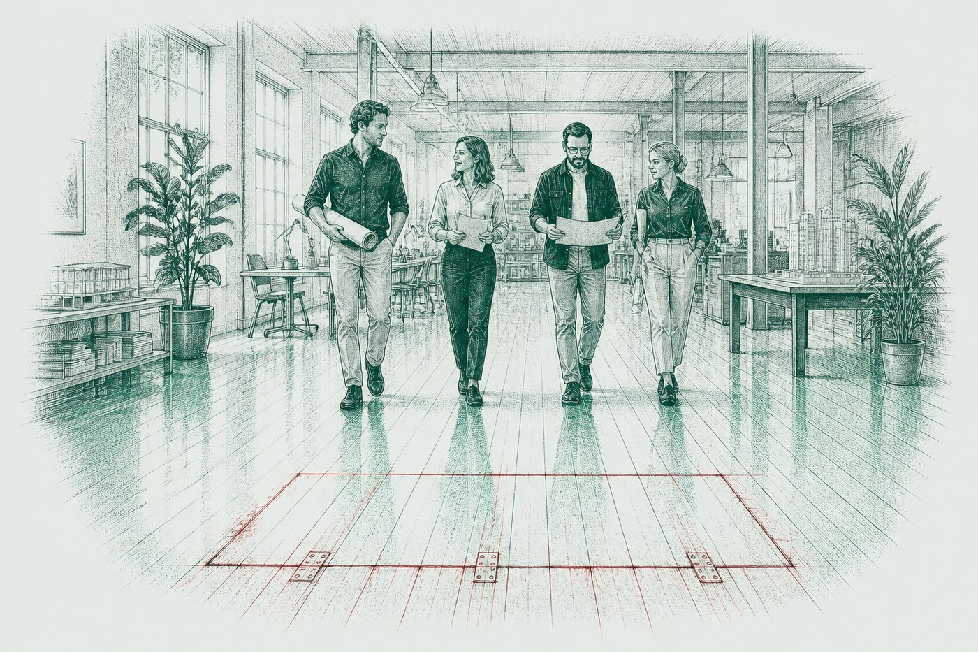 Ink illustration: four colleagues walking down an open office floor, a faint red rectangle outlined in the floorboards ahead that none of them can see.