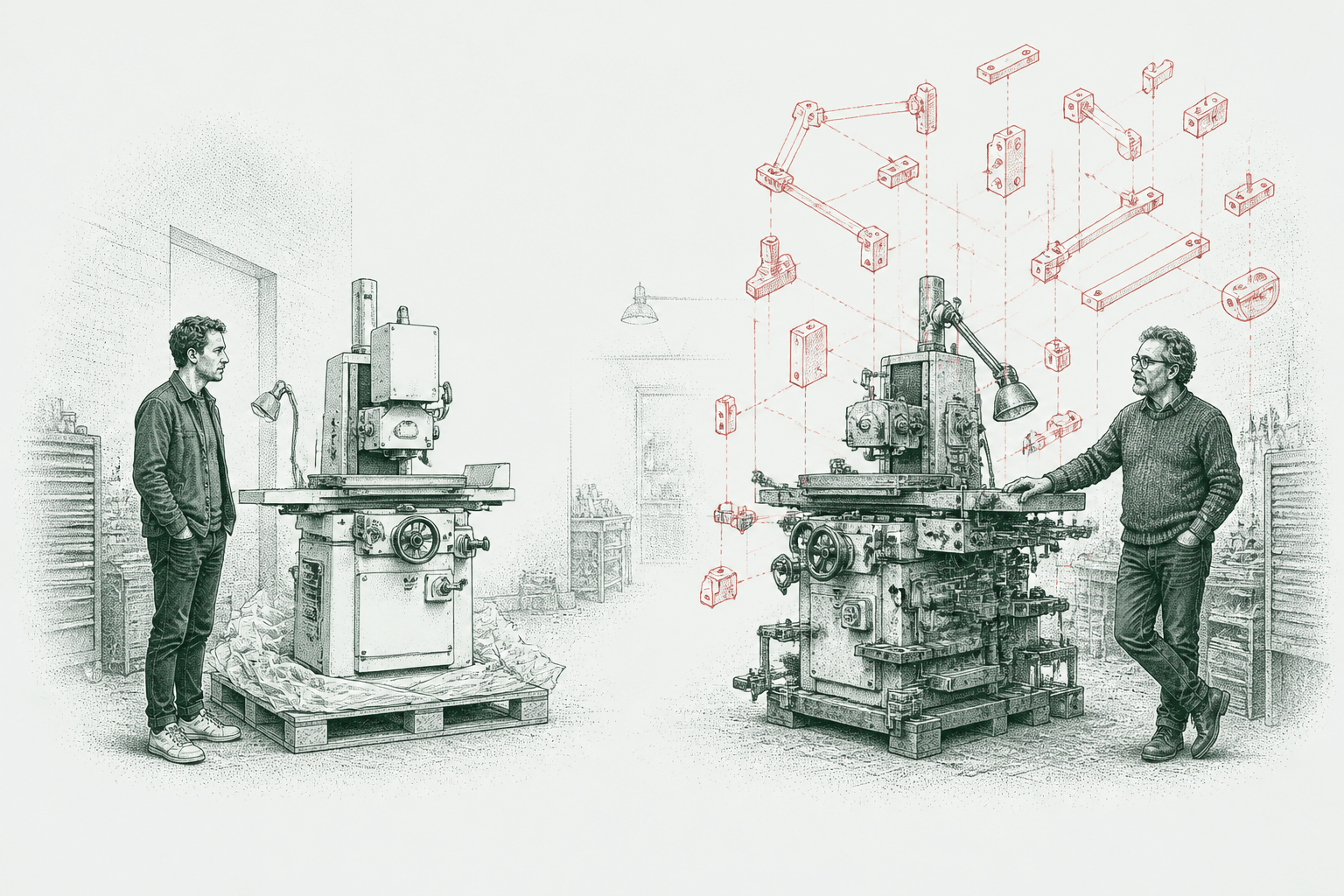 Ink illustration: the same milling machine twice — plain and idle on the left, and on the right worked by its operator amid red exploded fittings.