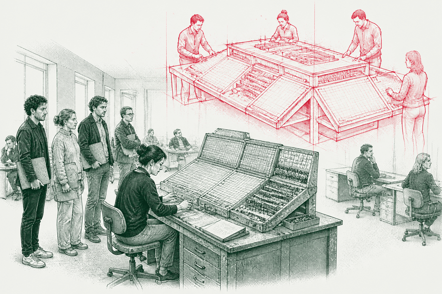Ink illustration: one person working a huge ledger desk while colleagues queue behind, and above in red four people sharing the same desk between them.