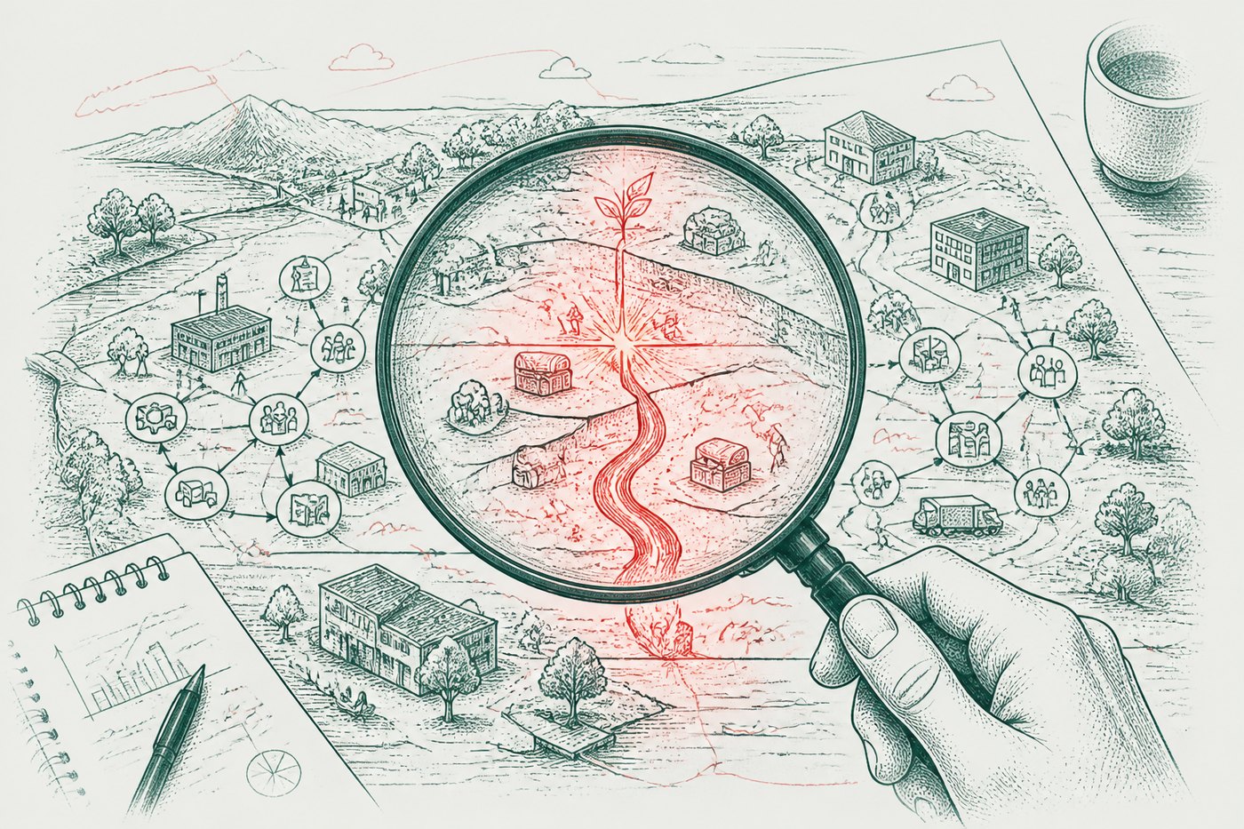 Ink illustration: a hand holding a magnifying glass over a hand-drawn map of a district, revealing a red watercourse and a seedling beneath the surface.