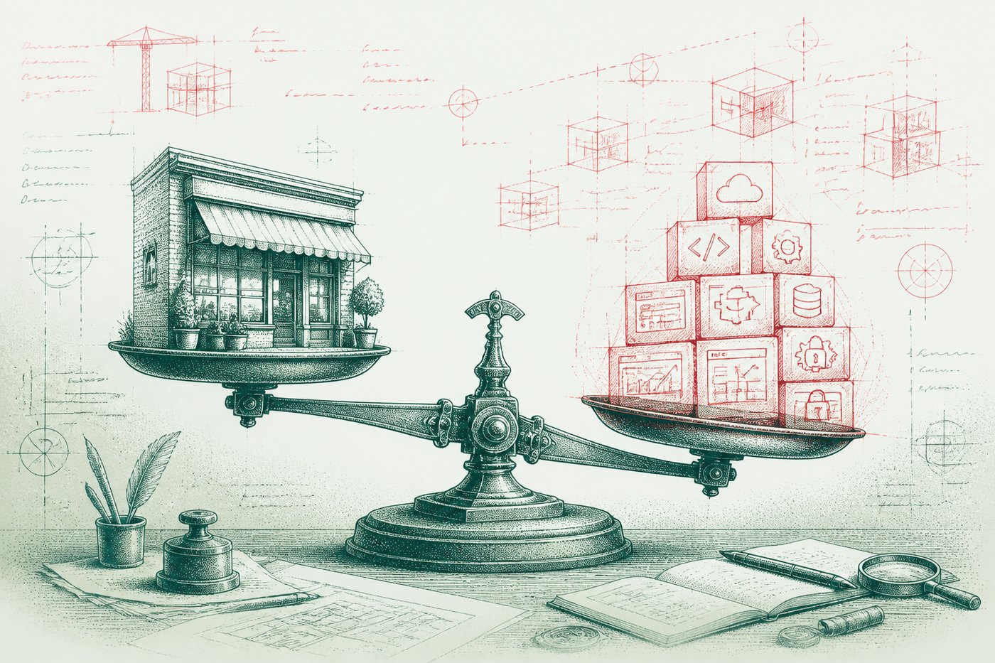 Ink illustration: a pair of balance scales weighing a grey shopfront against a heavier red stack of software blocks, surrounded by technical sketches.