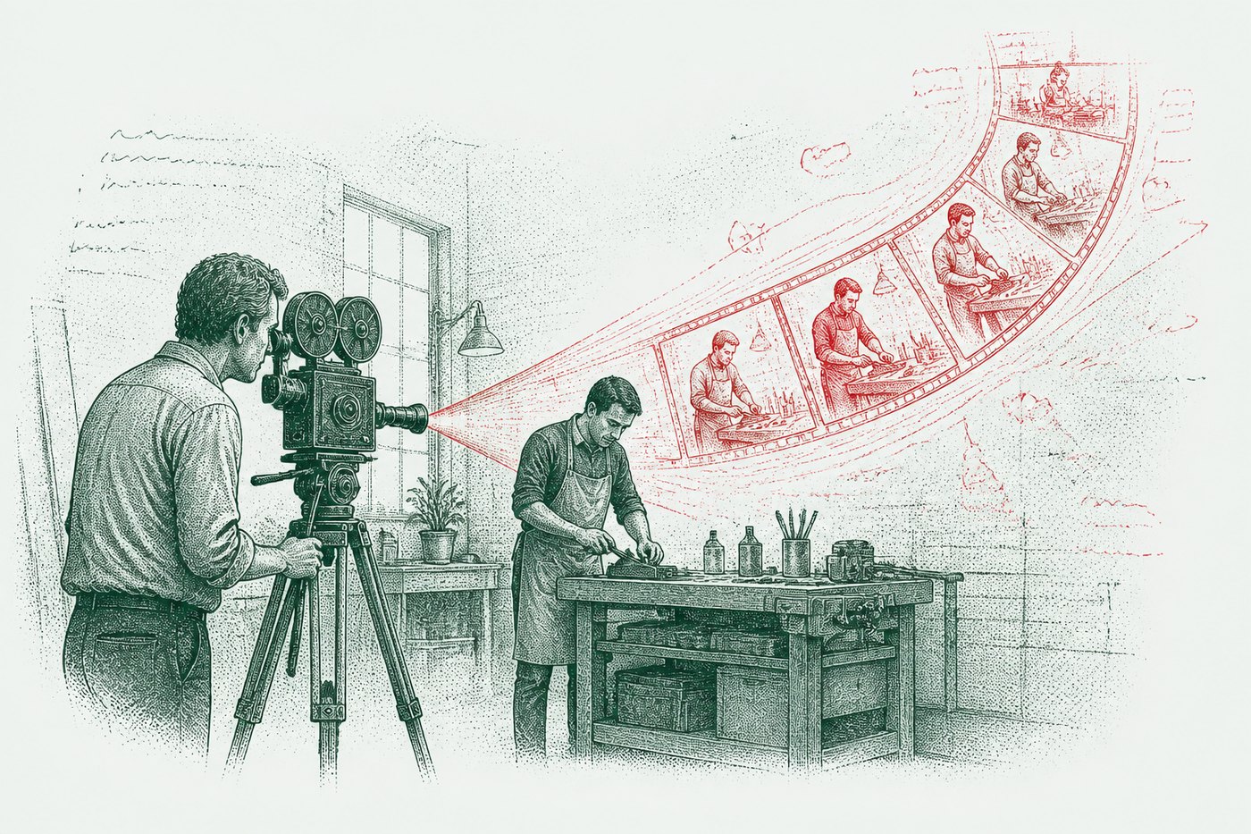 Ink illustration: a film camera trained on a craftsman at his bench, the beam fanning into a red strip of frames repeating the same work over and over.