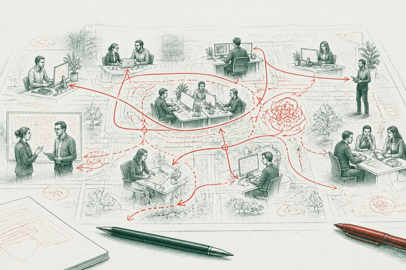 Ink illustration: a working sheet of small office scenes joined by red arrows that all converge on a tangled red knot at the centre of the page.