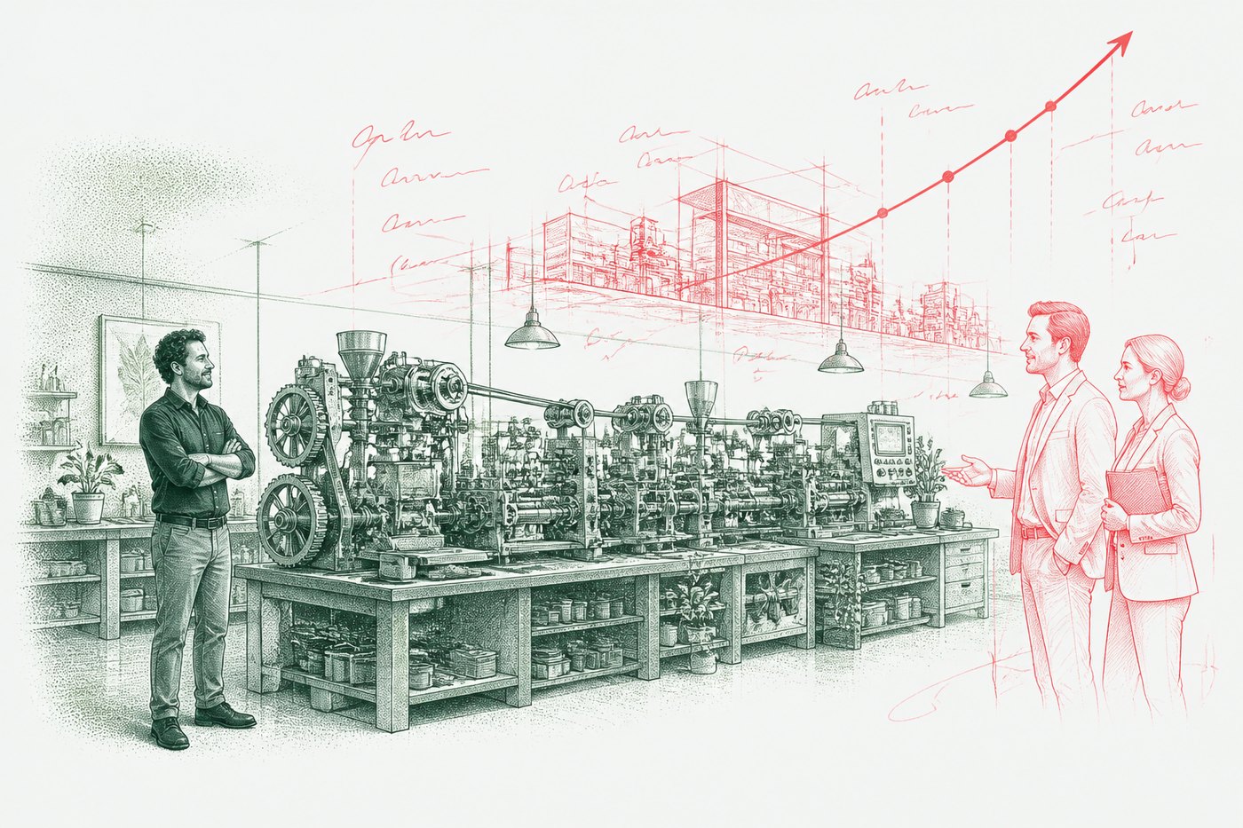 Ink illustration: an owner showing two visitors around his workshop, with a larger version of the plant and a rising red curve sketched behind them.