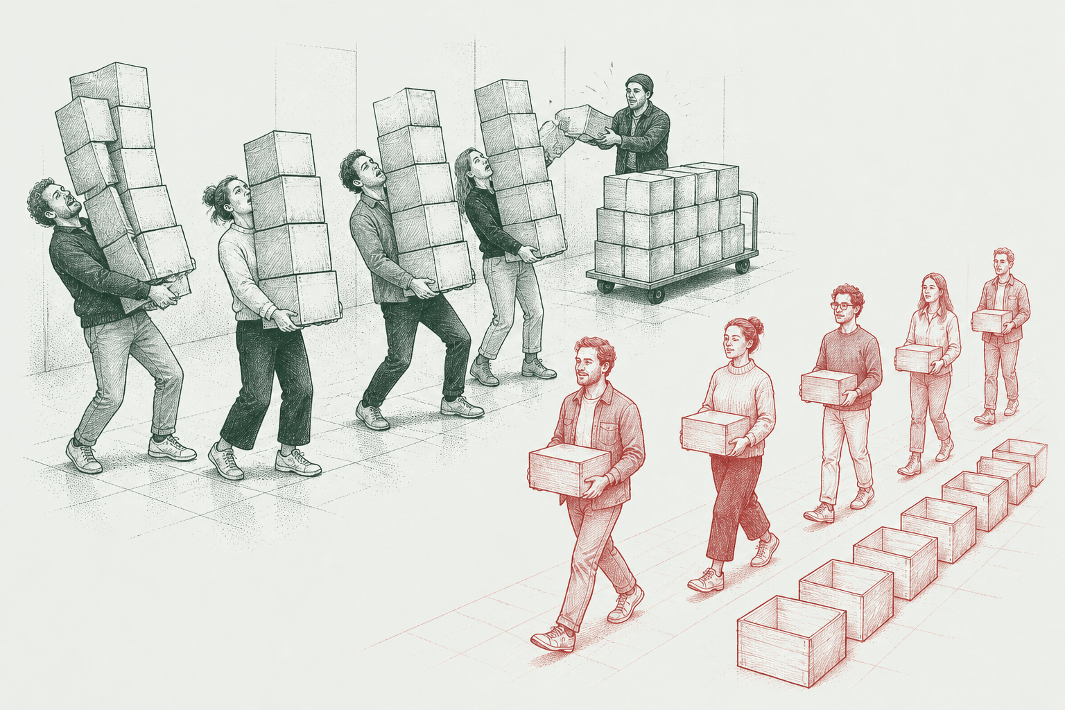 Ink illustration: workers staggering under tall stacks of boxes on the left, and on the right the same load carried one small box at a time in red.