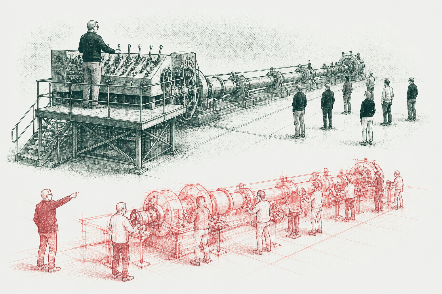 Ink illustration: one man at the controls of a long engine while others watch from the floor, and below in red the same machine worked by the whole group.
