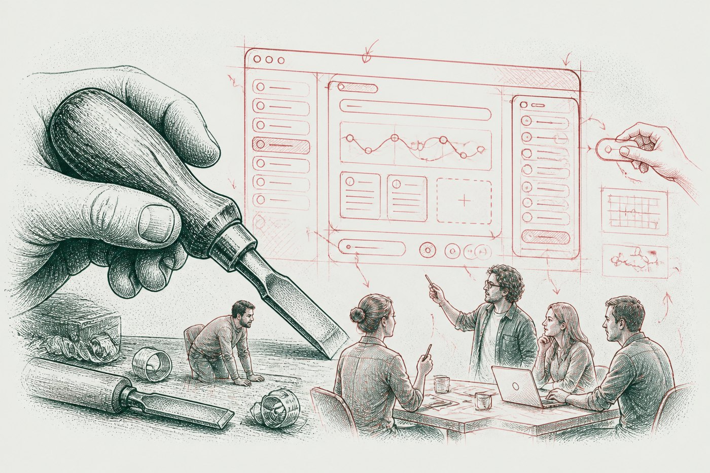 Ink illustration: a large hand guiding a chisel beside a red sketch of a software dashboard, with a team of four talking over a laptop below it.