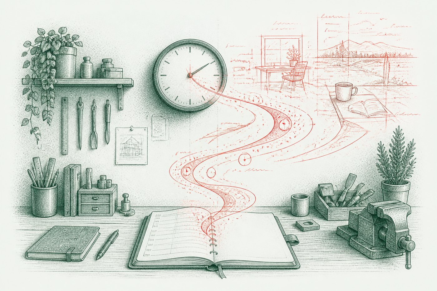 Ink illustration: a workshop desk with an open notebook and a wall clock, a red path running from the clock to a chair by a window with coffee and a book.