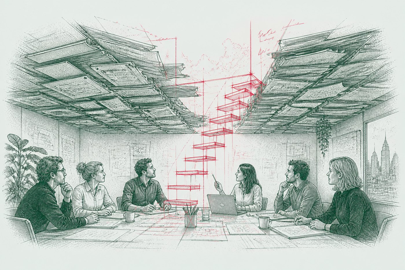 Ink illustration: six people meeting beneath a ceiling made of stacked paperwork, with a red staircase rising through the one gap in it.