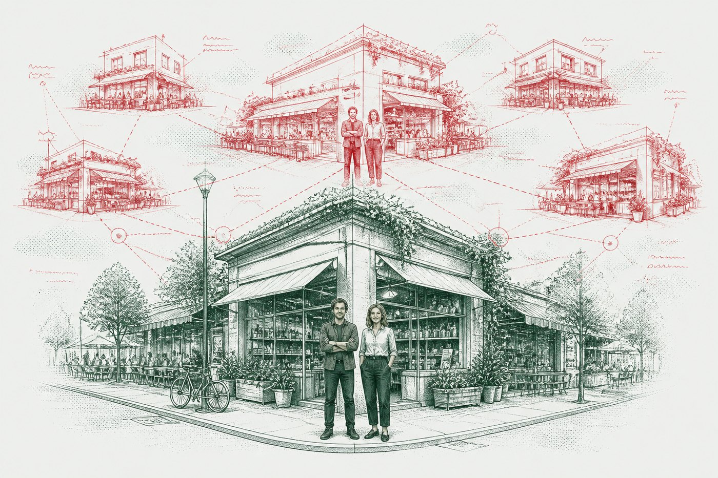 Ink illustration: a couple outside their corner shop, with five more copies of the same shopfront drawn in red above and linked back to them.