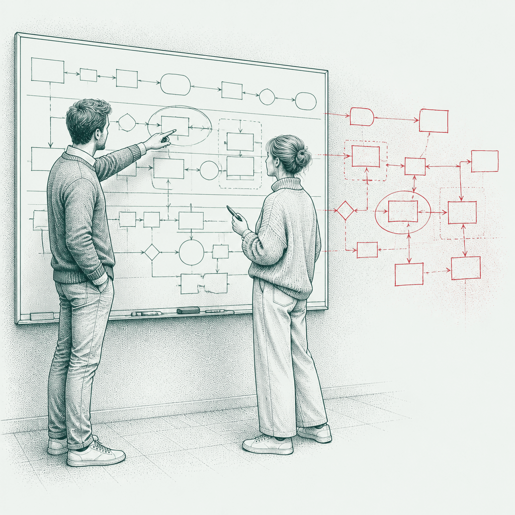 Ink drawing of two professionals mapping a process on a whiteboard, with the future process sketched in red beyond its edge