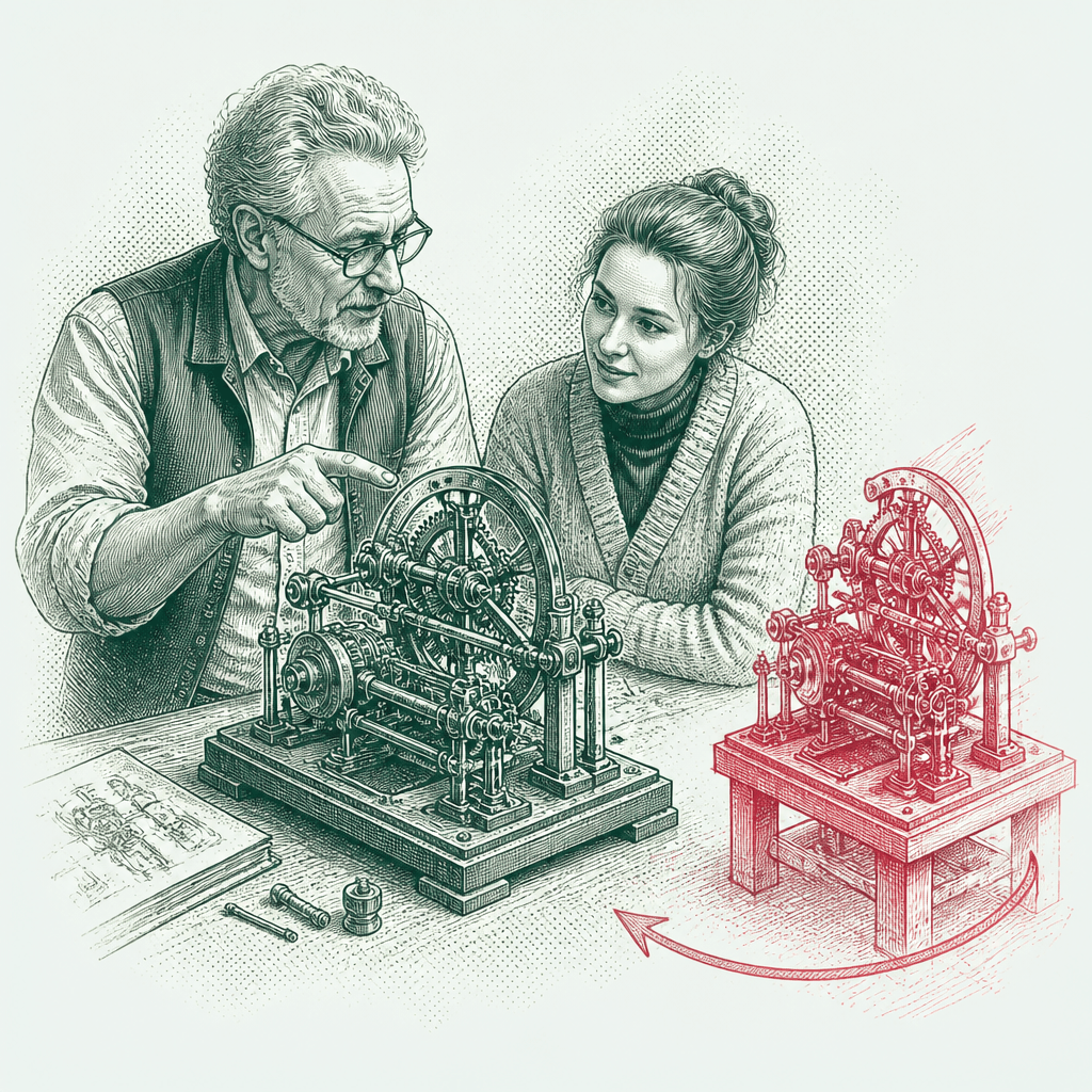 Ink drawing of a senior specialist explaining an intricate mechanism to a younger colleague, the same mechanism sketched in red running on its own beside them