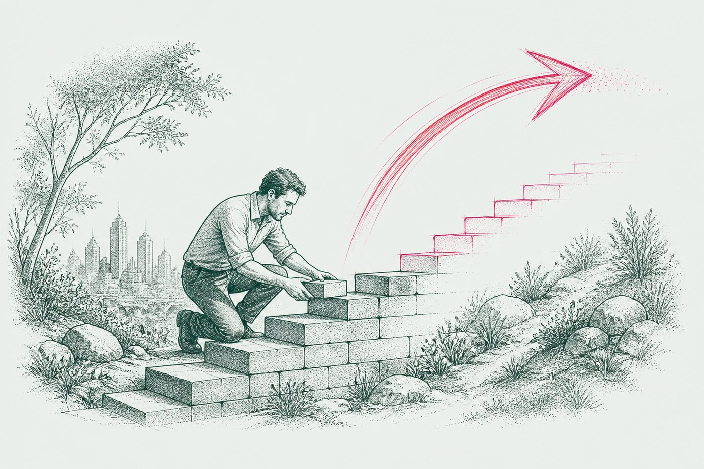 Ink illustration: a man laying a stone staircase block by block, the steps continuing upward in red into a sweeping red arrow above the treeline.
