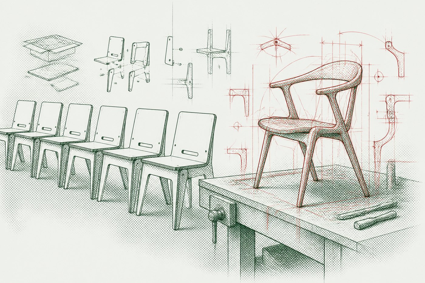Ink illustration: a row of identical moulded plastic chairs beside a bespoke timber armchair on a workbench, surrounded by red design drawings.