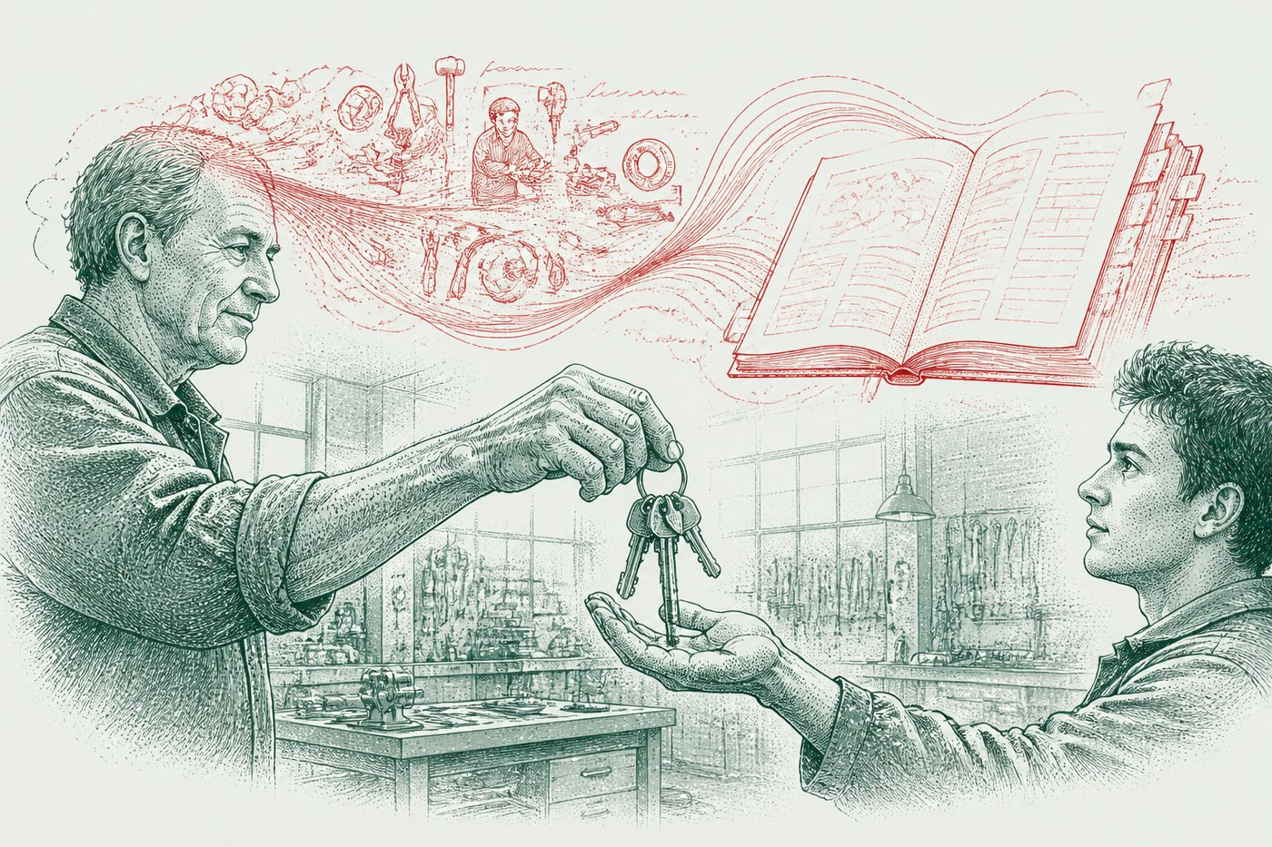Ink illustration: an older man handing keys to a younger one, a red cloud of workshop knowledge flowing from him into an open red ledger.