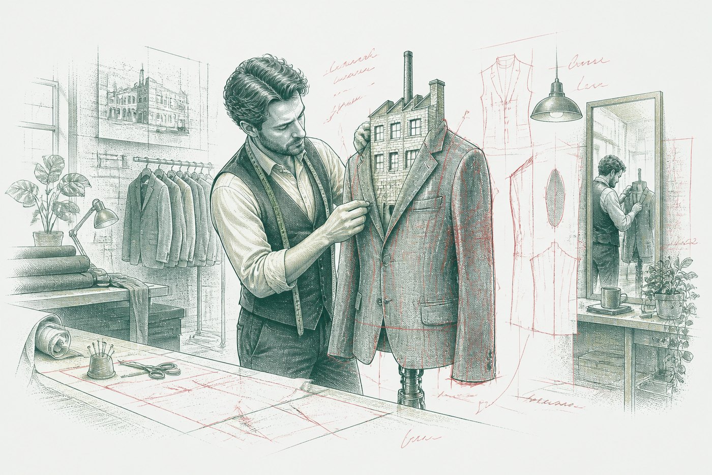 Ink illustration: a tailor fitting a jacket on a mannequin with a building worked into the cloth, a rack of identical ready-made suits behind him.
