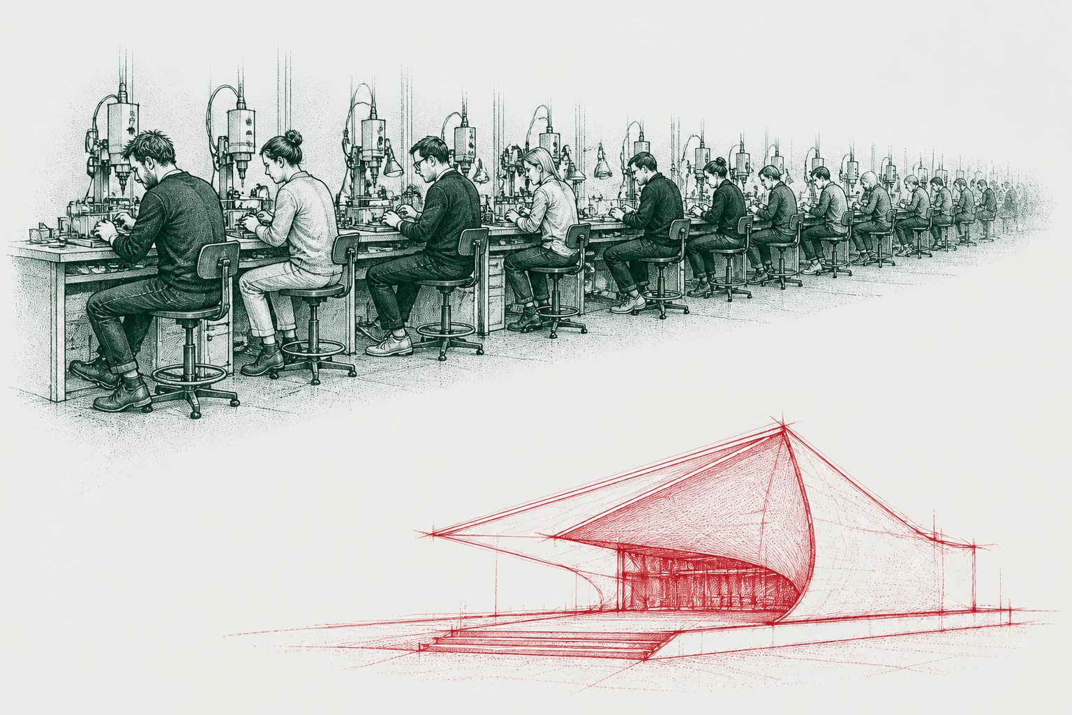 Ink illustration: a long receding row of workers at identical benches, and in front of them a red sketch of a striking curved-roofed building unlike any of it.