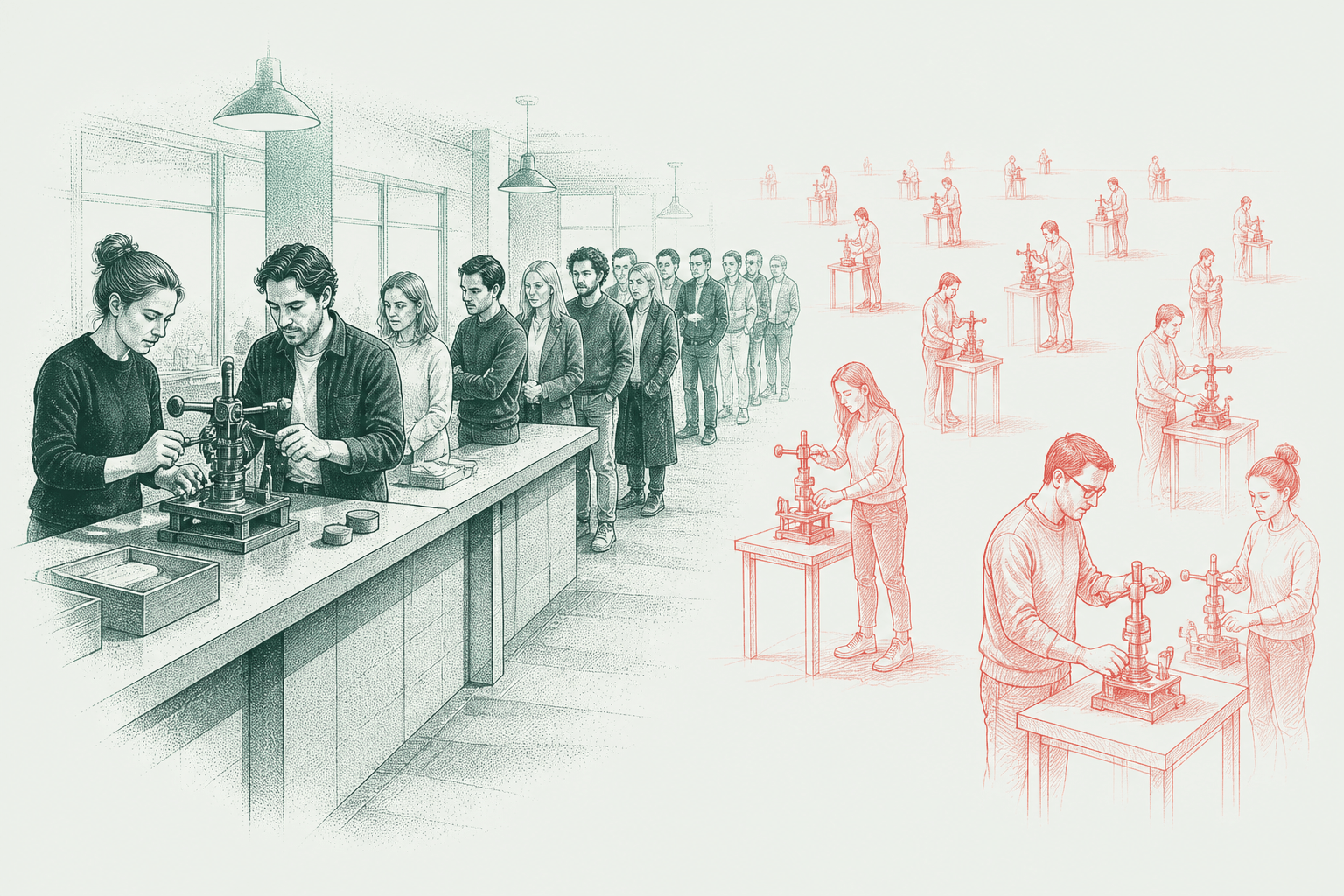 Ink illustration: two people serving a queue at a single counter, with many duplicate workstations drawn in red spreading across the floor behind them.