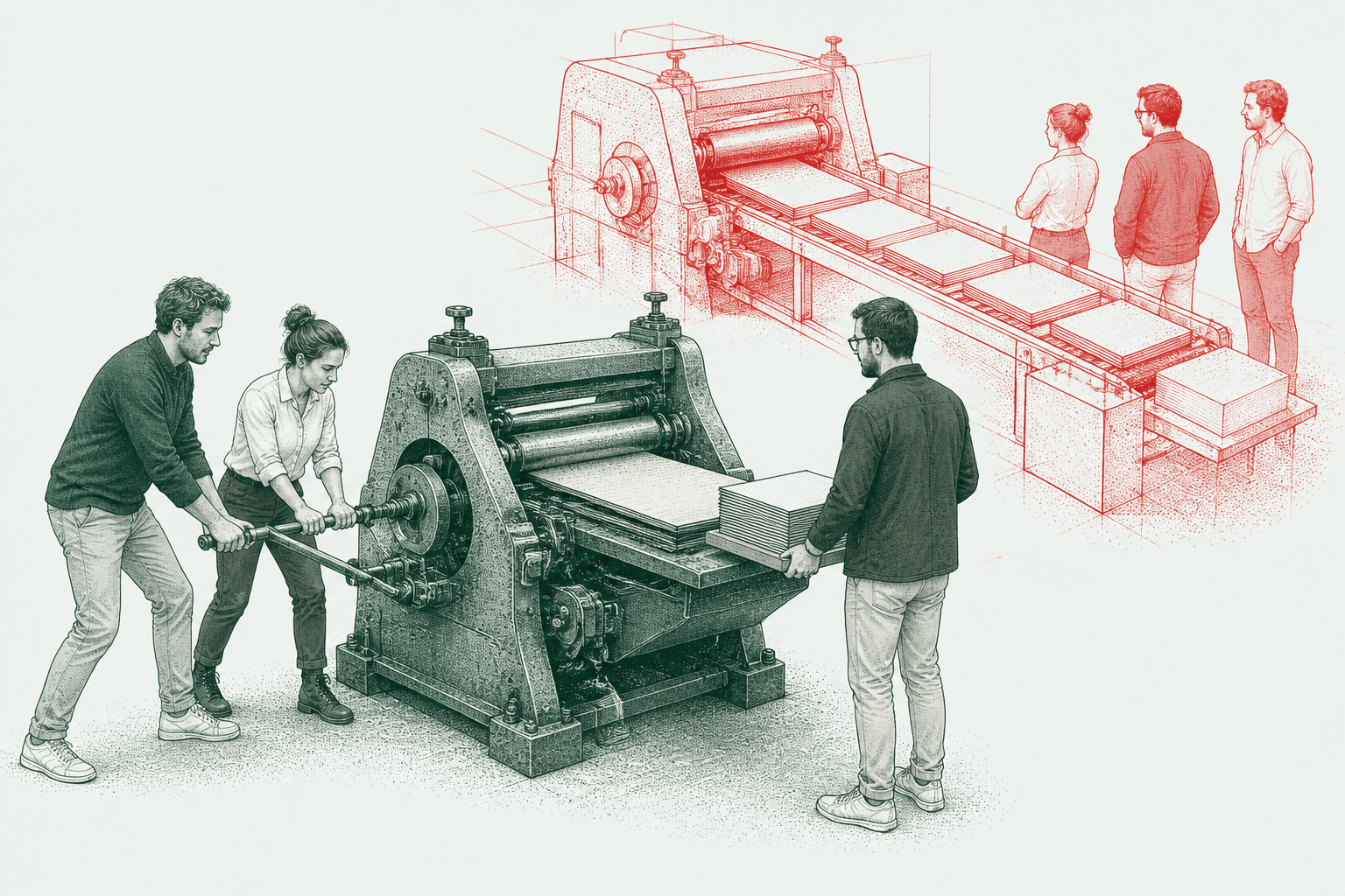 Ink illustration: three people hand-cranking a heavy press, with a larger automated version of the same press drawn in red running alongside it.