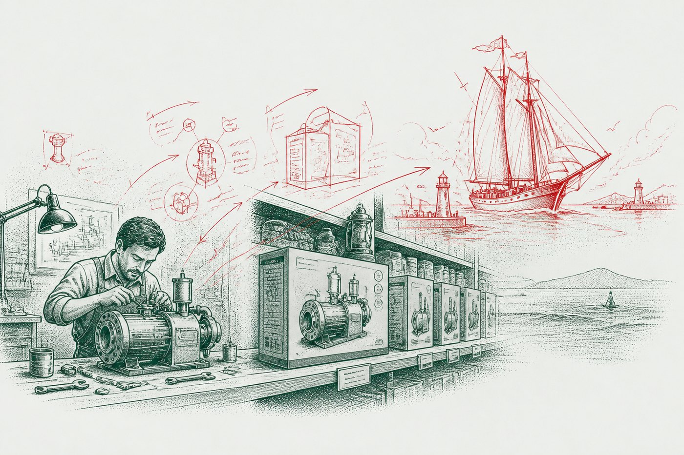 Ink illustration: a craftsman assembling a motor at his bench, the same motor boxed in a row beside him, and a red tall ship and lighthouse beyond.