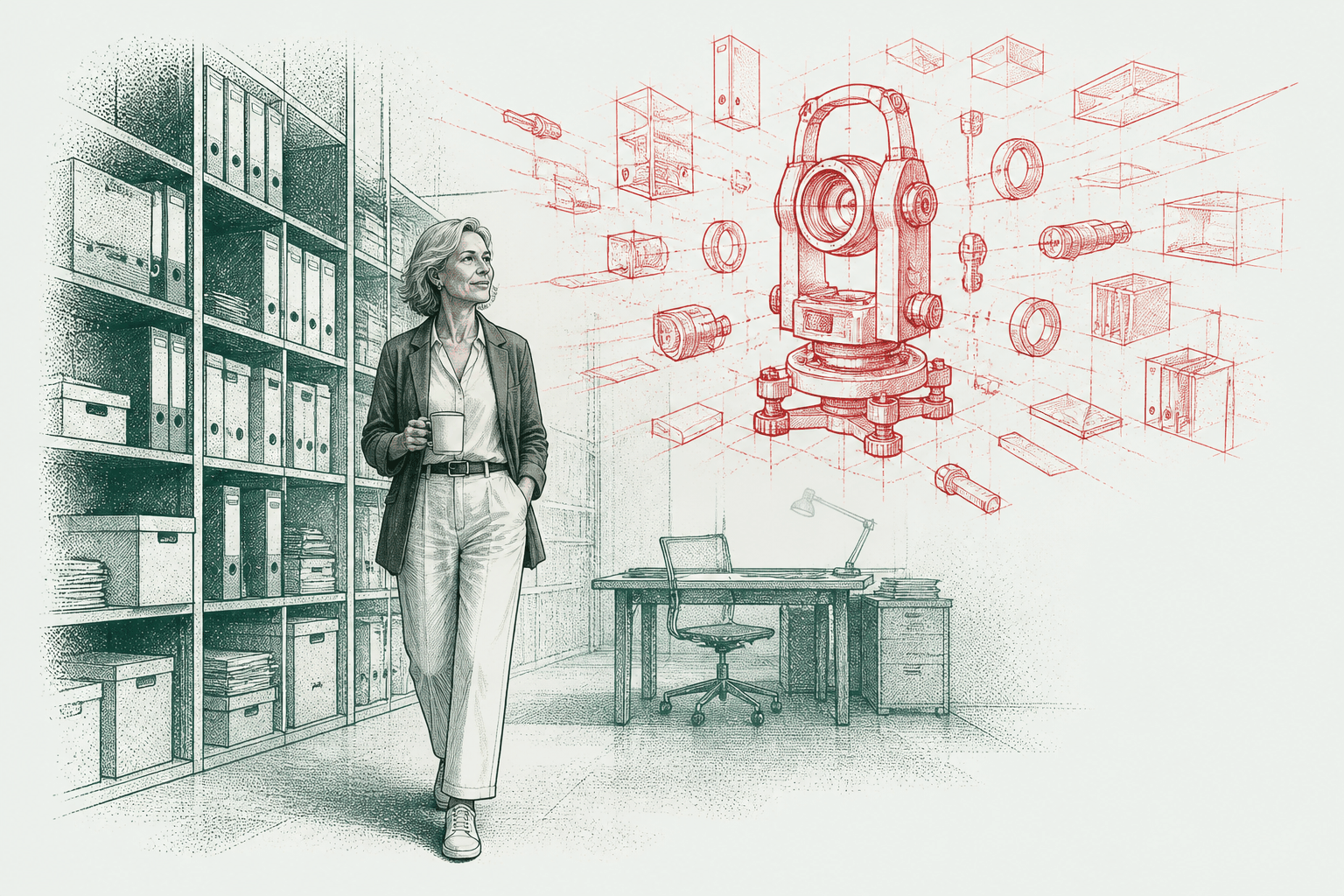 Ink drawing of a business owner walking past shelves of ordinary looking folders and spreadsheets, with a red sketch revealing them as a single valuable machine