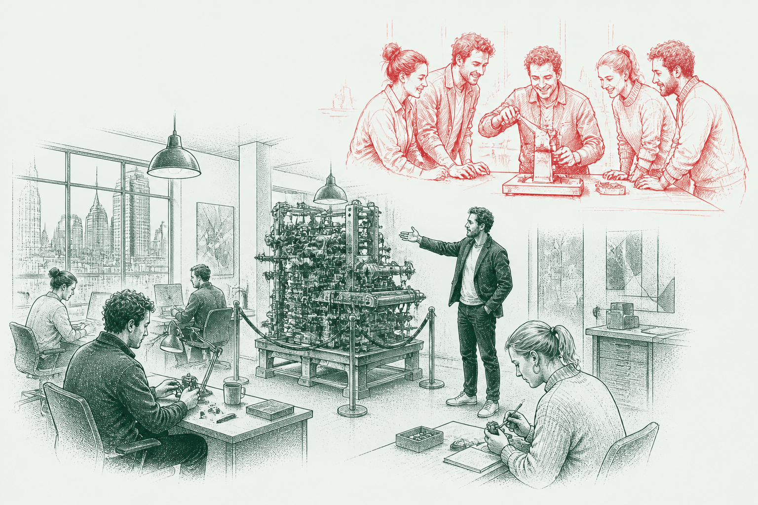 Ink drawing of a team being urged towards an ignored new machine, beside a red sketch of the same team using a simpler machine unprompted