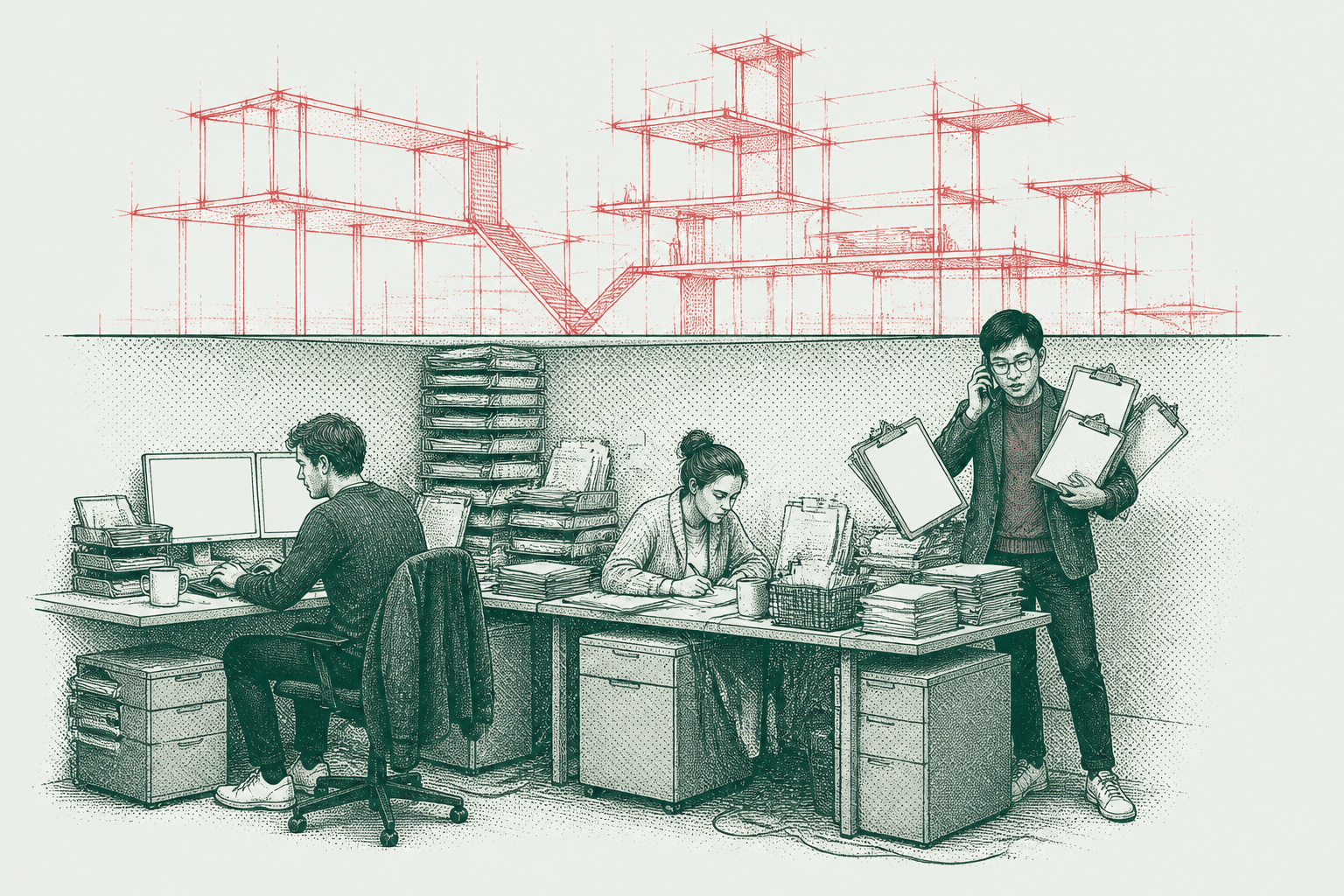 Ink drawing of a busy team pressed beneath a low ceiling, with a taller, calmer structure sketched in red rising above it