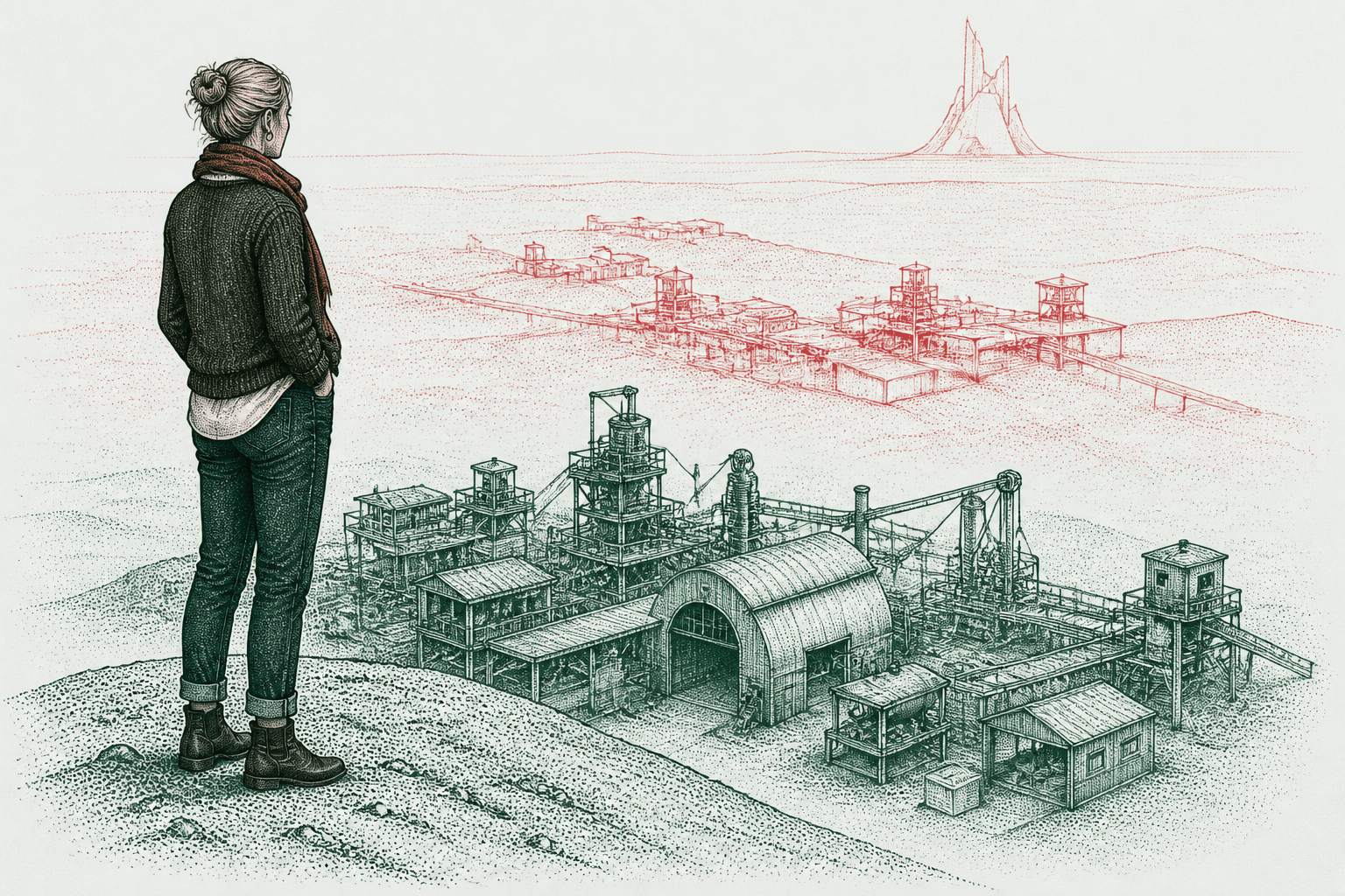 Ink drawing of a figure on a rise looking at three landscapes at different distances, the nearest drawn in detail and the furthest sketched in red