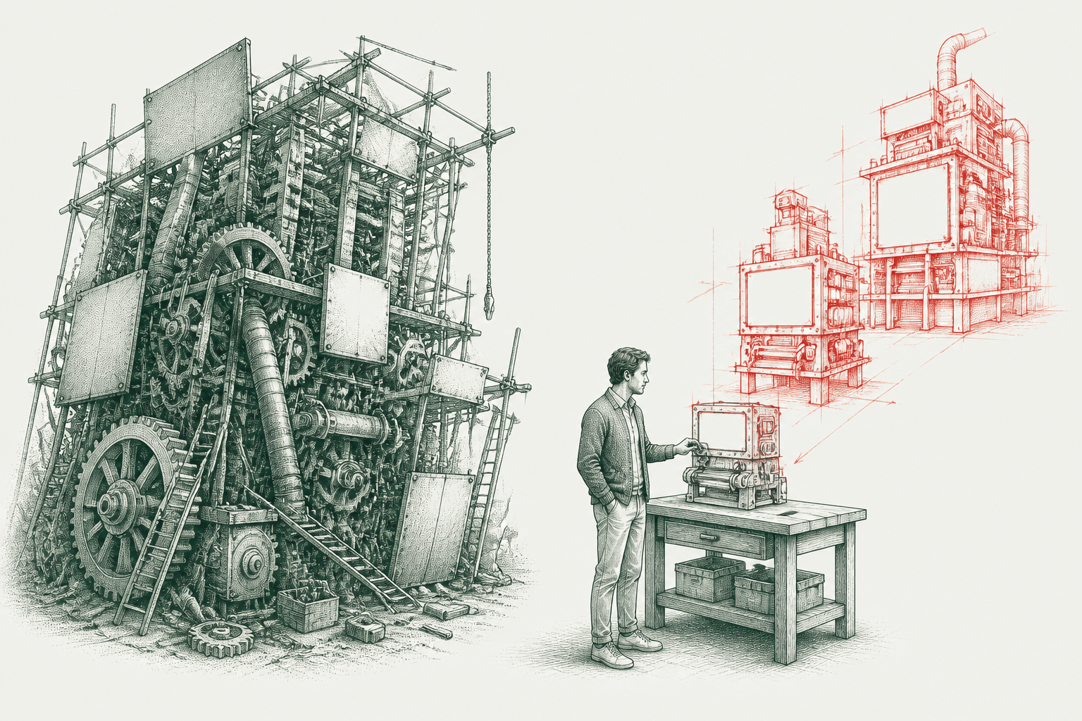 Ink drawing of a vast tangled machine beside one small working build, with the next stages sketched in red