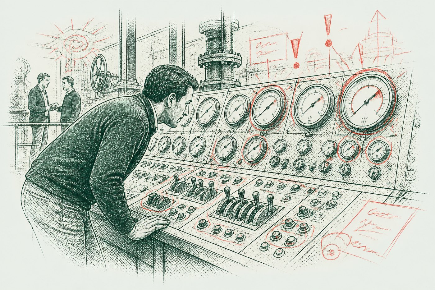 Ink illustration: a man leaning over a wide panel of dials and gauges, red warning marks rising above it while two colleagues talk on unaware.